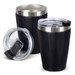 A drink bottle set featuring two black stainless steel vacuum tumblers with silver accents and clear lids.