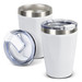 A drink bottle featuring a sleek white exterior and stainless steel trim, with a clear lid.