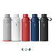A drink bottle collection featuring grey, white, red, navy, and black options, each with a logo and carrying strap.