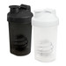 A drink bottle set featuring a black and a white protein shaker, each with a screw-on lid and integrated whisk ball.