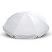 A white beach umbrella with a rounded shape, featuring a central pole and a smooth fabric surface.