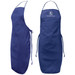 A navy blue bib apron featuring a logo, with ties at the waist and a neck strap for adjustment.