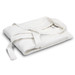 A folded white waffle bathrobe with a matching tie belt, featuring a textured fabric and branding.