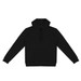 A black unisex hoodie featuring a front pocket and a drawstring hood. It has a logo on it.