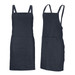 A dark blue denim bib apron with a front pocket and adjustable straps featured from two angles.