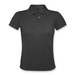 A women's polo shirt in black, featuring a collar, short sleeves, and a button-up placket. Includes a branding logo.