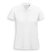 A white women's polo shirt featuring a collared neckline and short sleeves, with a subtle logo on the chest.