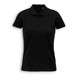 A black women's polo shirt with a collar, short sleeves, and a buttoned placket. Features a logo on the chest.