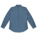 A blue denim button-up shirt with long sleeves and a collared neckline, featuring a logo.