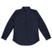 A navy blue button-up men's denim shirt with long sleeves and a collar, featuring a branded label.