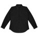 A black women's denim shirt with long sleeves and a button-up front. It features a collar and has a logo.