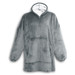 A grey fleece blanket hoodie with a large front pocket and a hood, featuring a soft interior lining.