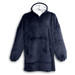 A navy blue blanket hoodie featuring a soft interior and a large front pocket, designed for comfort and warmth.