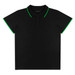 A black women's polo shirt with green accents on the collar and sleeves, featuring a branding logo.