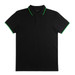 A black polo shirt featuring green accents on the collar and sleeve hems, with a logo on the chest.