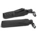 A black tri-fold umbrella, compactly folded with a strap for easy carrying. The umbrella features a handle and a logo.