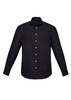 A black slim fit long sleeve button-up shirt with a collar and white buttons. Features a logo present.