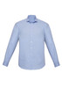 A light blue long sleeve button-up shirt with a slim fit design and a collar, featuring a logo on the label.
