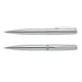 A set of two silver metal pens with smooth finishes and clips, featuring branding on the barrel. A set of two silver metal pens with smooth finishes and clips, featuring branding on the barrel.