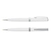 A set of two white metal pens with chrome accents and clips, featuring a sleek and elegant design. A set of two white metal pens with chrome accents and clips, featuring a sleek and elegant design.