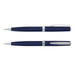 A metal pen set featuring the Pierre Cardin Calais model, displayed in a sleek navy blue color with silver accents. A metal pen set featuring the Pierre Cardin Calais model, displayed in a sleek navy blue color with silver accents.