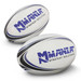A rugby ball in white with blue and black accents, featuring a logo. Two balls are positioned side by side.
