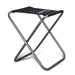 A portable folding stool with a black seat and a silver frame. It features a logo on the fabric.
