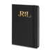 A5 weekly diary in black with gold branding on the front cover and an elastic closure.