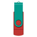 A dual flash drive featuring a teal cap and a red body, with a circular button and a loop for attachment.