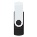 A dual flash drive in black and white, featuring a swivel mechanism and a branding logo.