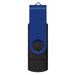 A blue and black dual flash drive with a swivel design and a circular button. The flash drive has a logo.