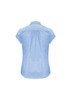 A women's light blue short sleeve button-up shirt with a back pleat and a logo.