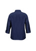 A navy women's 3/4 sleeve shirt with a collar and a logo on the back.