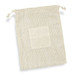 A light beige cotton produce bag with a drawstring closure and a square patch on the front. A light beige cotton produce bag with a drawstring closure and a square patch on the front.
