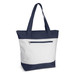 A navy and white tote bag featuring a zippered pocket and two shoulder straps. It has a branding logo on it.