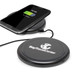 A wireless charger in black with a smartphone on top, displaying a charging screen, and a visible logo.
