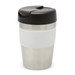 A drink bottle with a stainless steel body, white silicone band, and a black lid. It features a logo on the front. A drink bottle with a stainless steel body, white silicone band, and a black lid. It features a logo on the front.