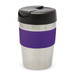 A drink bottle featuring a stainless steel body with a purple silicone grip and a black lid. It includes a branding logo. A drink bottle featuring a stainless steel body with a purple silicone grip and a black lid. It includes a branding logo.