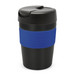 A drink bottle with a black body and a blue silicone band, featuring a black lid. It has a logo on the surface. A drink bottle with a black body and a blue silicone band, featuring a black lid. It has a logo on the surface.