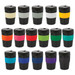 A drink bottle collection featuring various colours with black lids and bands, all displayed in a grid layout. A drink bottle collection featuring various colours with black lids and bands, all displayed in a grid layout.