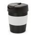 A drink bottle featuring a black body with a white band and a black lid, designed as a vacuum cup. A drink bottle featuring a black body with a white band and a black lid, designed as a vacuum cup.