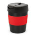 A drink bottle with a black body, red silicone band, and a black lid. It has a logo on the surface. A drink bottle with a black body, red silicone band, and a black lid. It has a logo on the surface.