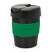A drink bottle in black with a green silicone grip and a black lid, featuring a branded logo. A drink bottle in black with a green silicone grip and a black lid, featuring a branded logo.