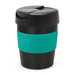 A drink bottle with a black body and a teal silicone band, featuring a black lid. It has a branding logo. A drink bottle with a black body and a teal silicone band, featuring a black lid. It has a branding logo.