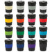 A drink bottle collection featuring various coloured vacuum cups with black lids and a logo on each. A drink bottle collection featuring various coloured vacuum cups with black lids and a logo on each.