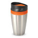 A stainless steel coffee cup with an orange and black lid, featuring a sleek design and a brand logo. A stainless steel coffee cup with an orange and black lid, featuring a sleek design and a brand logo.