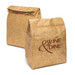 A brown Kraft cooler lunch bag with a fold-top design and a logo on one side.
