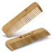 Two bamboo hair combs, one flat and one angled, featuring a logo on the surface.