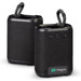 A pair of black outdoor Bluetooth speakers with a textured surface and attached loops, featuring a logo on the front.