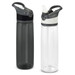 A drink bottle in two variations: one grey with a textured grip and one clear with a white band. Both feature a logo. A drink bottle in two variations: one grey with a textured grip and one clear with a white band. Both feature a logo.